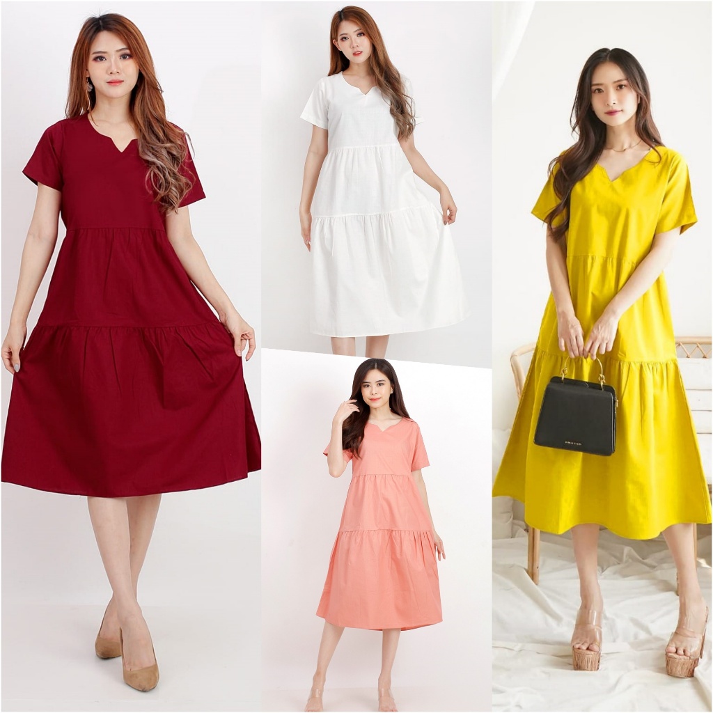 Jual Basic Midi Dress Wanita Polos Dress Korean Style Gaun Terusan