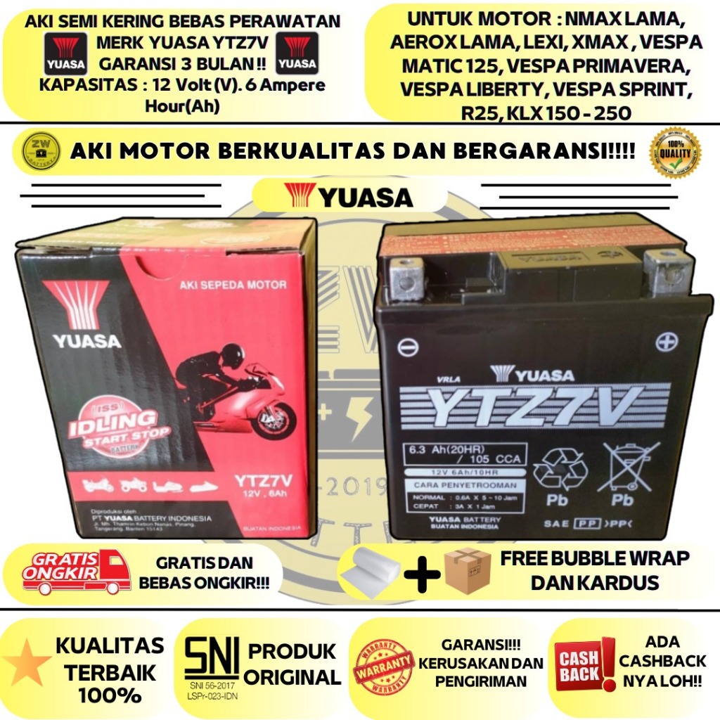 Jual AKI MOTOR VESPA LX 125, VESPA SPRINT, PRIMAVERA, LIBERTY YTZ7V