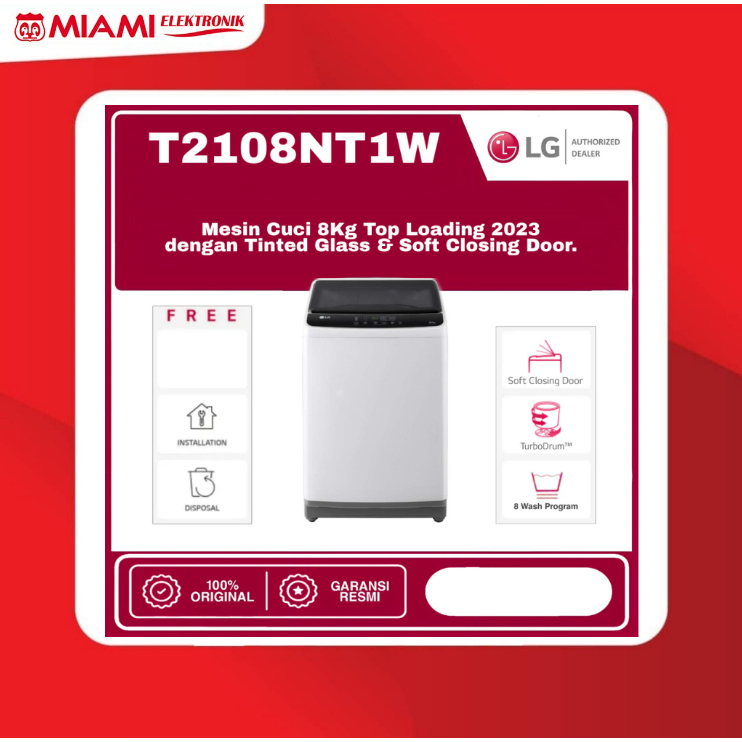 Jual LG T2108NT1W Mesin Cuci 1 Tabung Top Loading 8 Kg - Soft Closing ...