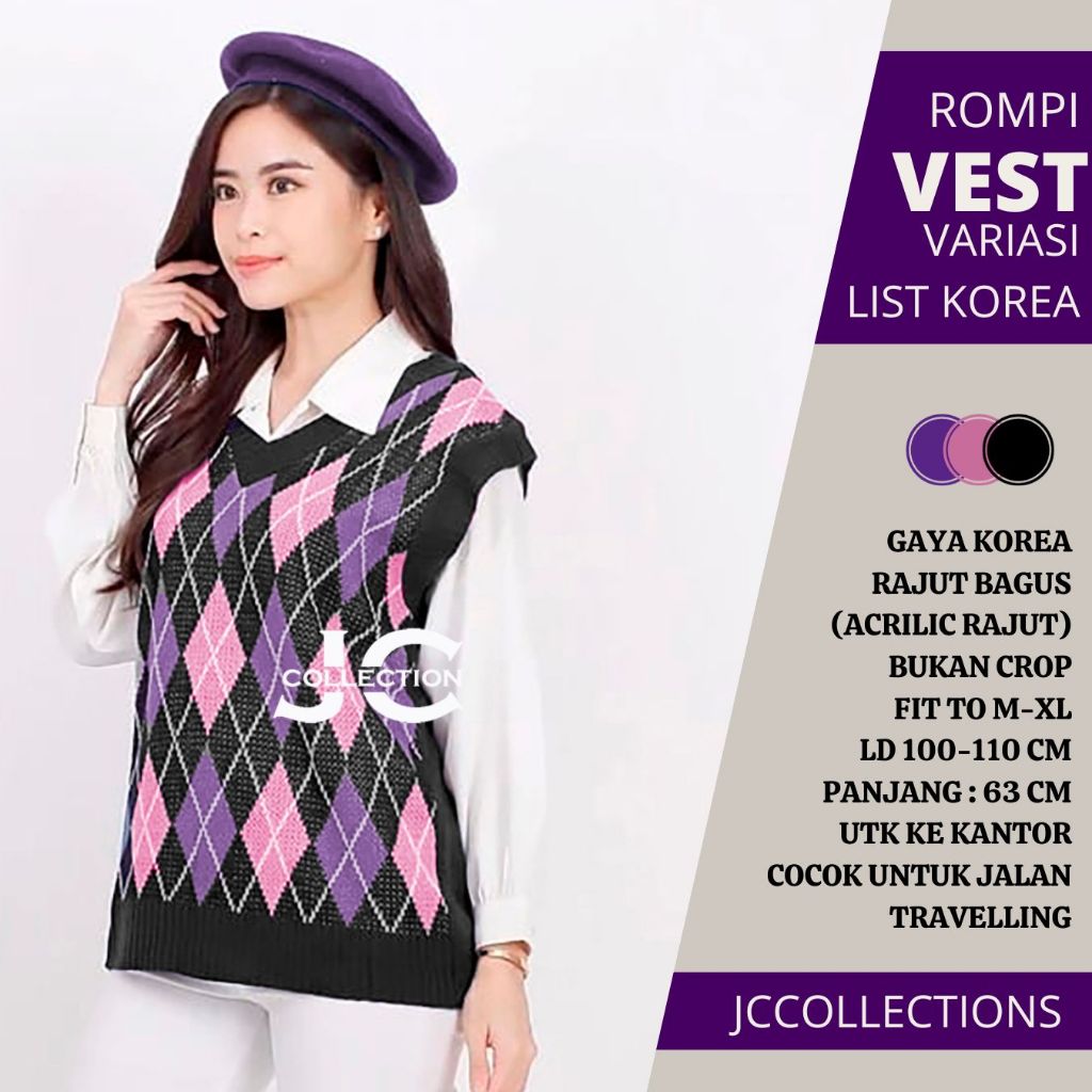 Jual Rompi Korea Rajut BTS Wanita Kotak / Vest Wanita Diamond Black ...