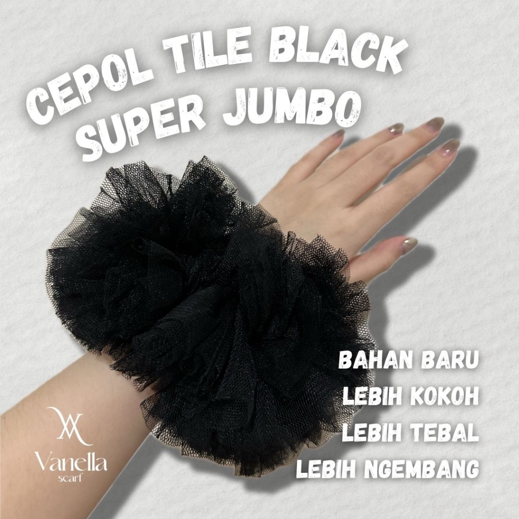 Jual CEPOL TILE BLACK HITAM SUPER JUMBO SCRUNCHIE HIJAB TULLE Anti ...