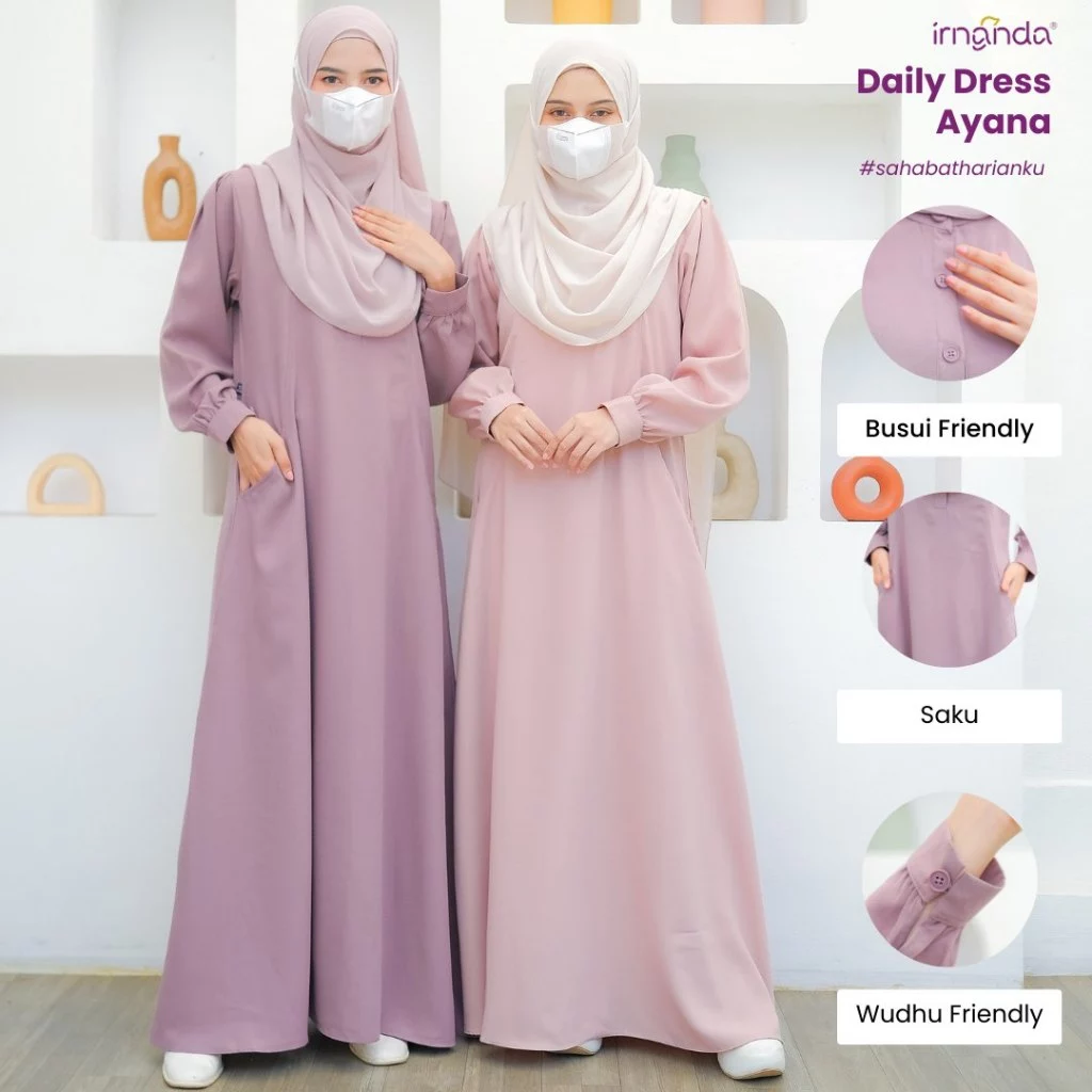 Tampilan depan Gamis Ayana Izumi Premium Polos Wanita Dewasa Remaja Busui Wudhu Friendly Kantong Kancing Size M L