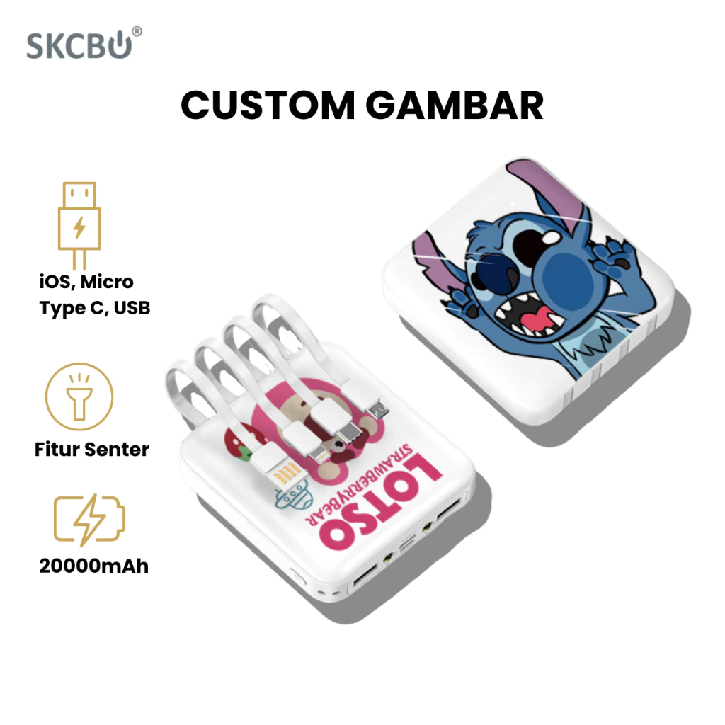 SKCBO Powerbank Custom 20000mah LED Kustom Power Bank built in cable Murah Lucu Mini Ori for iphone type-c micro