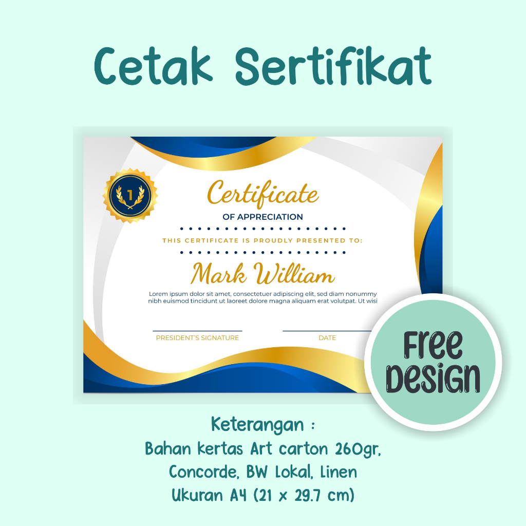 Jual Cetak Sertifikat A4 Custom Kertas Concord Jasmine Art Carton