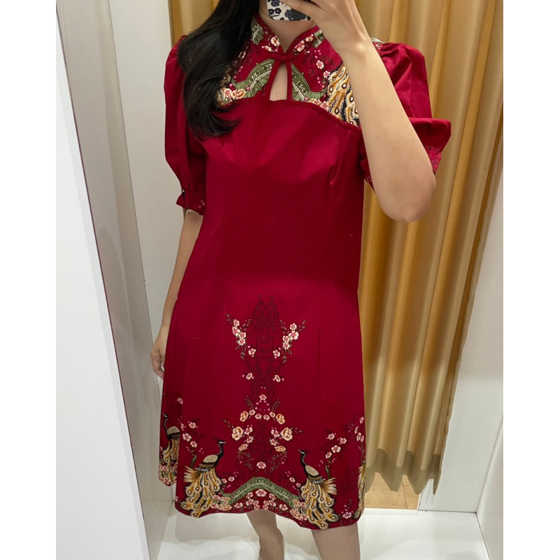 Jual [noona Butik] Dress Batik Katun Merah Baju Imlek Cheongsam Qipao