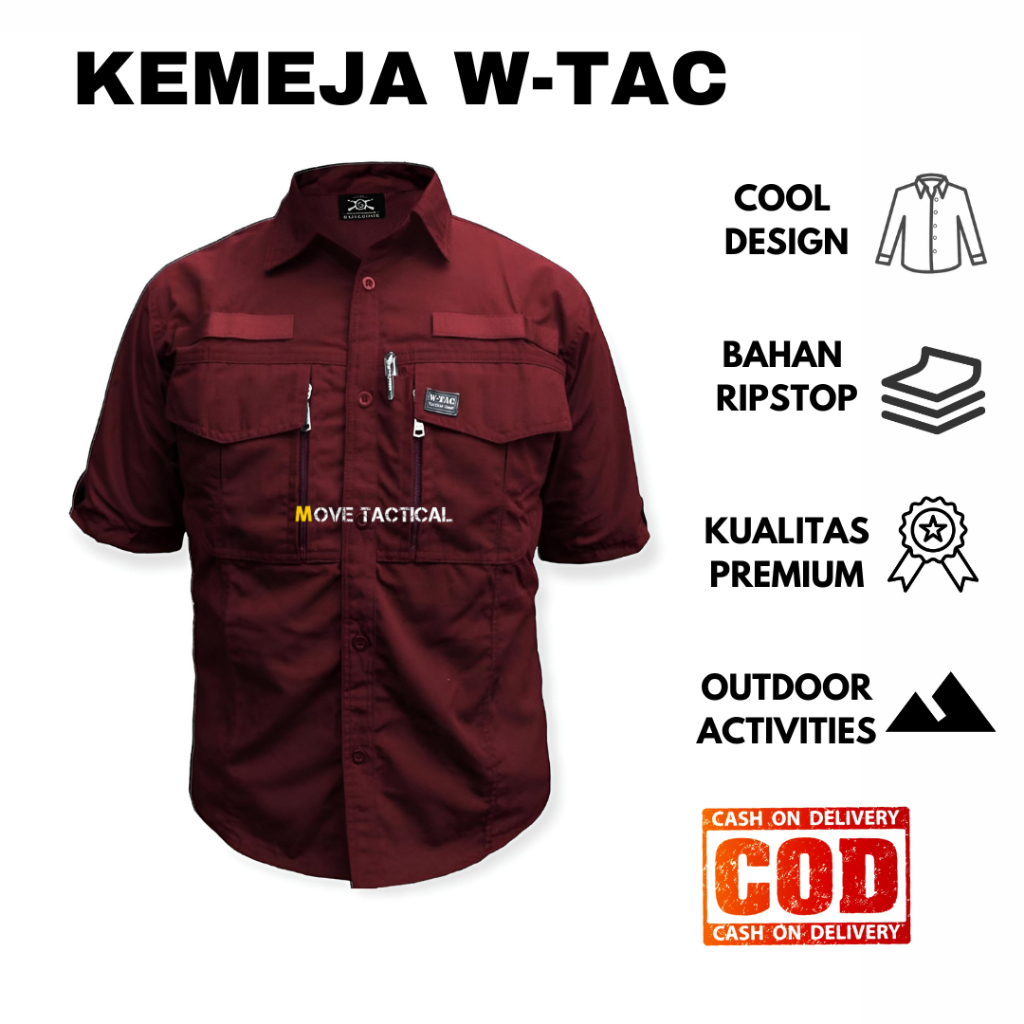 Jual Terima Custom Bordir Kemeja Lapangan Pria W Tac Lengan Pendek Maroon Bahan Ripstop