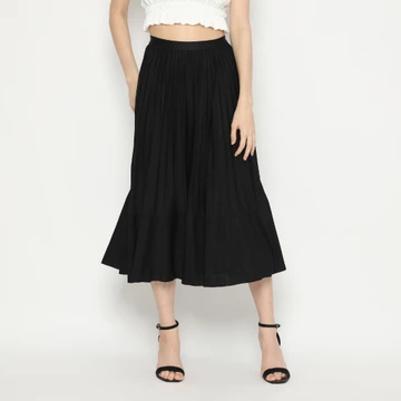 MINEOLA Serenity Black Pleated Midi Skirt (Rok Wanita Midi Plisket Bahan Impor Premium Korean