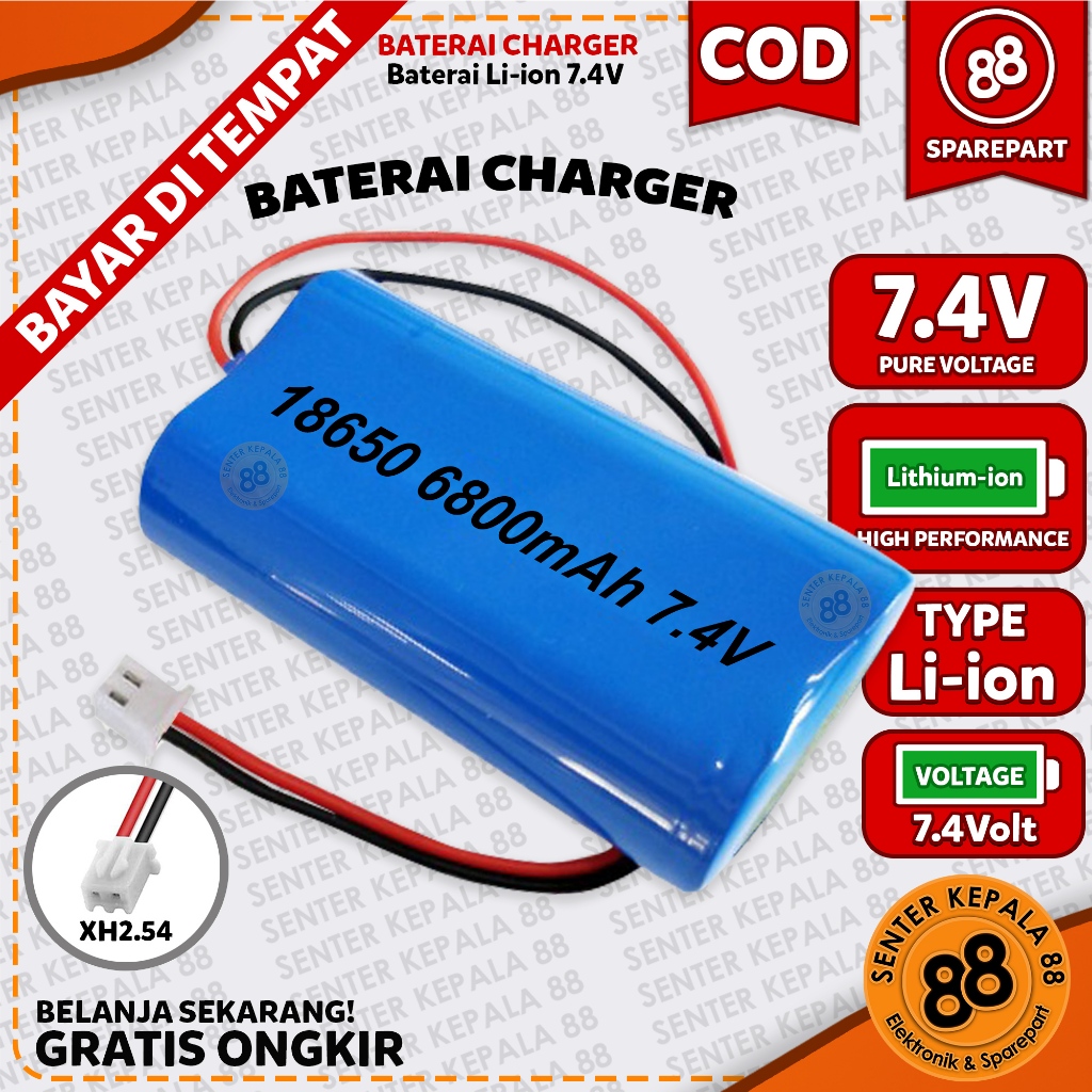 Jual Baterai Charger 18650 18650 Li Ion 7 4volt 6800mah Soket Putih