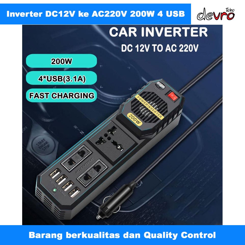 Jual Car Power Inverter DC 12V to AC 220V 200W with 4 USB Port ...