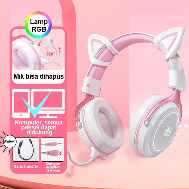 Jual Onikuma X10 Pink Cute Cat Ears Rgb Head Mounted Pc Gaming Headset Rgb Earphone Pembatalan 5761