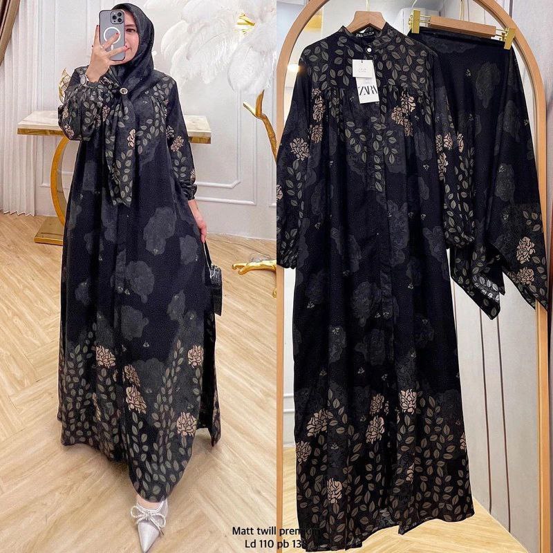 Jual Gamis Almira Dress Set Hijab Matt Rayon Diamond Premium Black Etnik Series Ready Siap Kirim