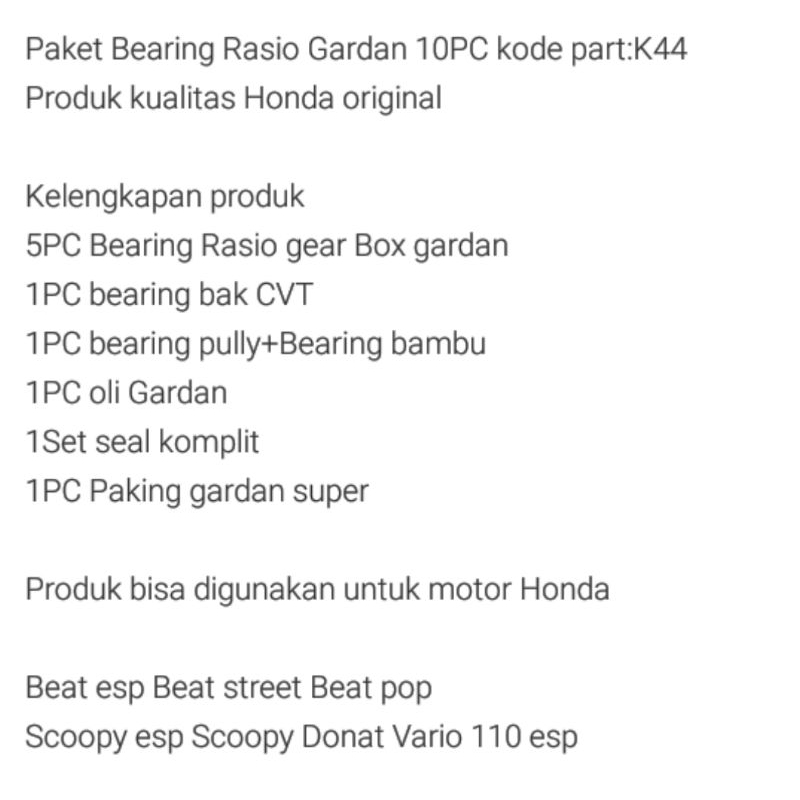 Jual BEARING LAHER RASIO SET 10 AITEM K44 BEAT POP BEAT ESP BEAT STREET ...