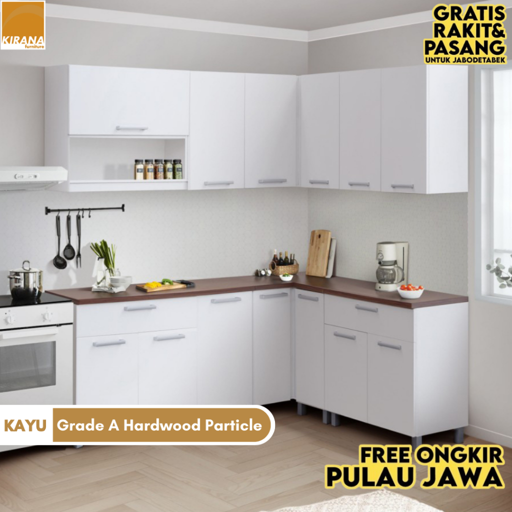 KIRANA Indiana - Kitchen Set Kayu Lemari Kabinet Dapur Rak Dapur Bentuk L Putih