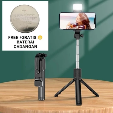 Tripod Tongsis Bluetooth 4 IN 1 Flash Light Tripod Bluetooth Selfie Stick LED Flash Selfi Stik