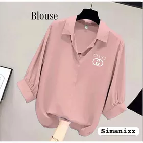 Blouse Wanita Leher V Logo Samping Kemeja Wanita V Korean Style Baju Wanita Lengan Balon 3 4