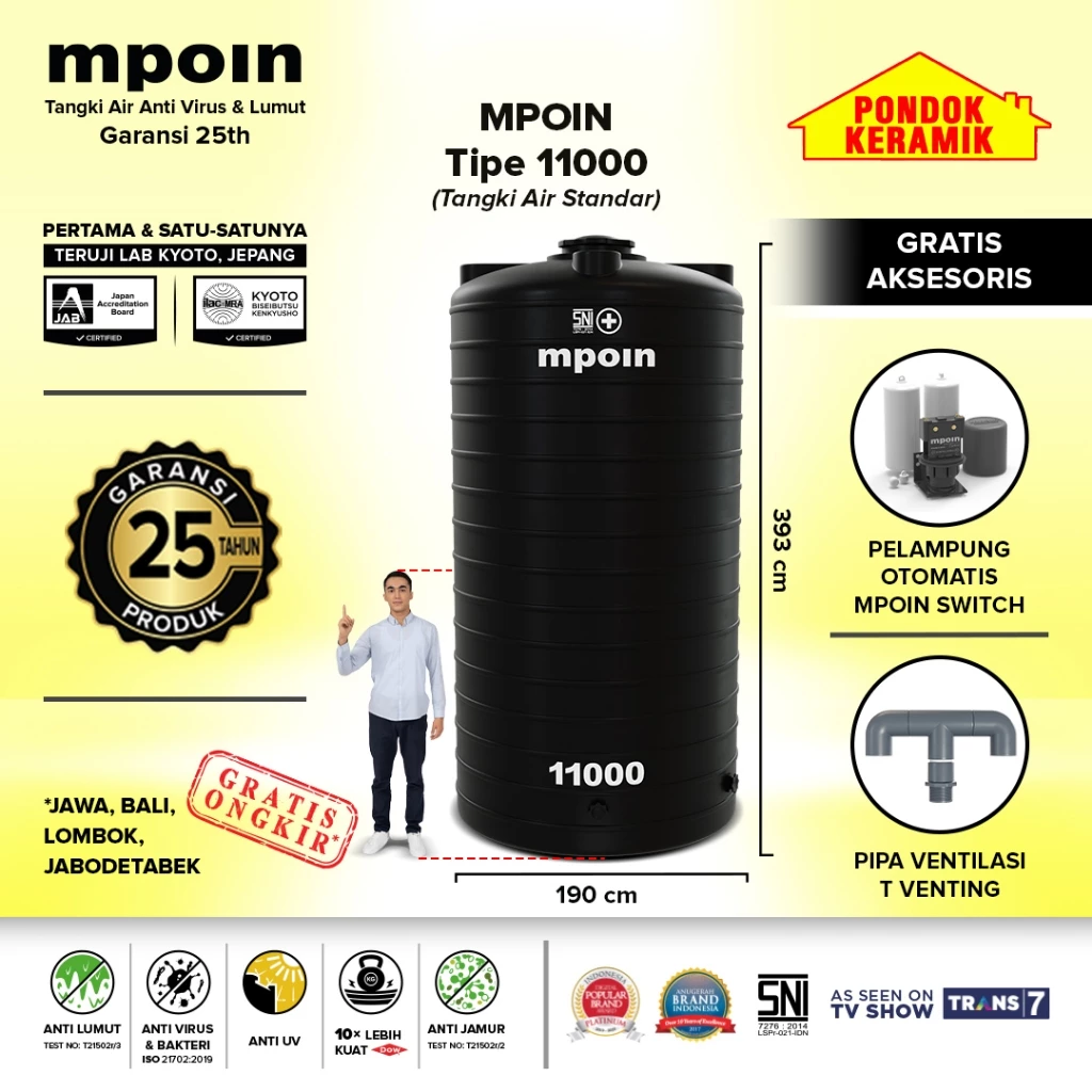 Tandon Mpoin Plus Wave G 11000 Tangki Tandon Air  10000 L Toren Anti Lumut Garansi 25 Tahun