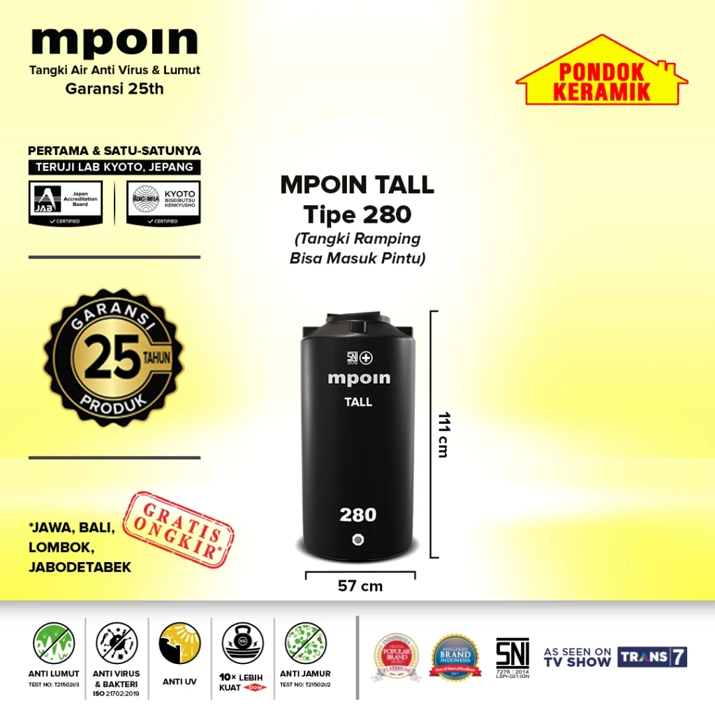 Tandon Mpoin Plus Tall 280 L Tangki Tandon Air Toren Anti Lumut Garansi 25 Tahun