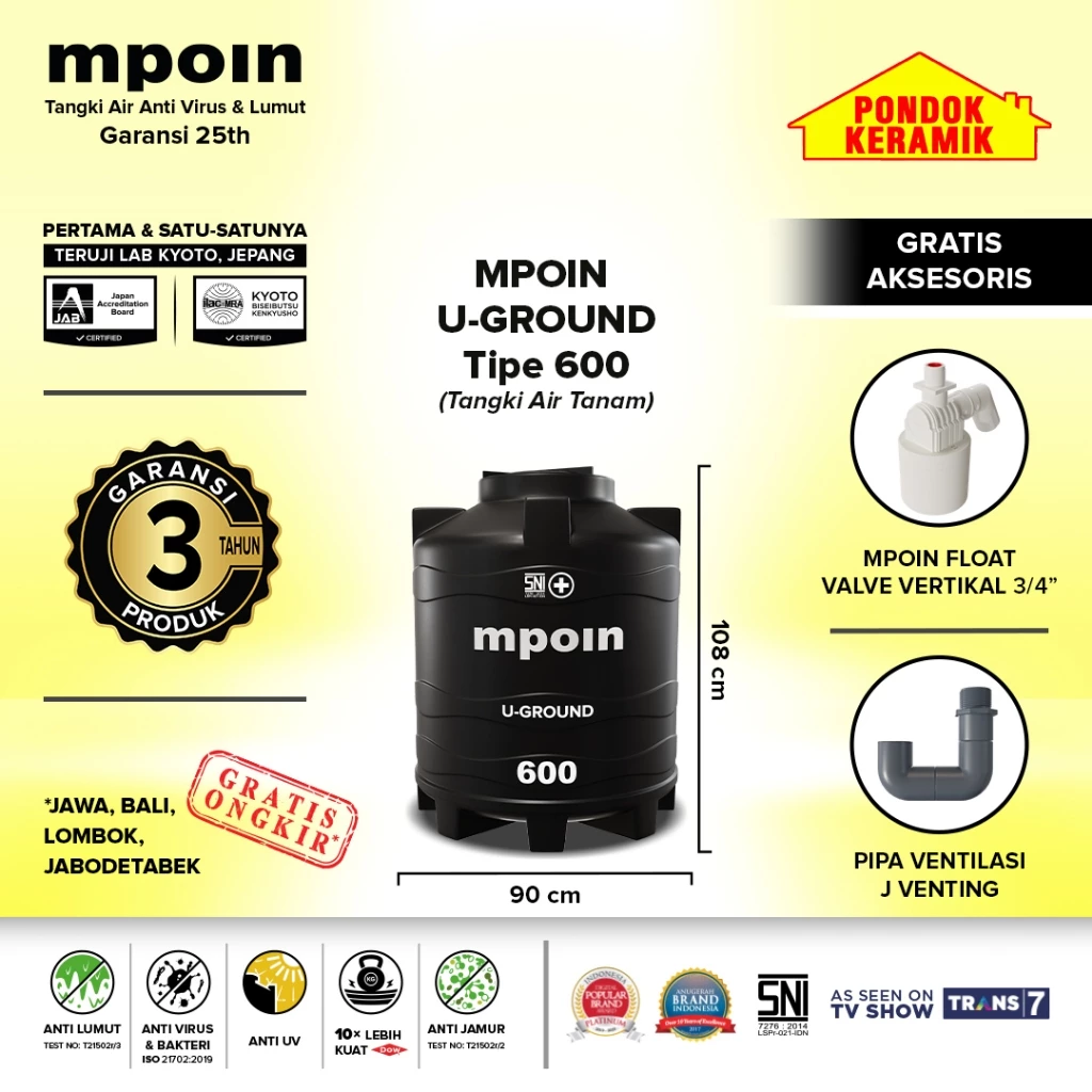 Tandon Mpoin U-Ground 600 Tangki Tandon Air 550 Liter Toren Anti Lumut Garansi 25 Tahun