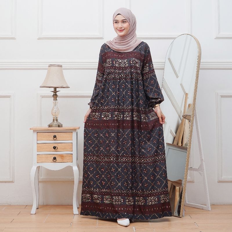 Gamis Rayon Etnik, Long dress jumbo bahan rayon tebal