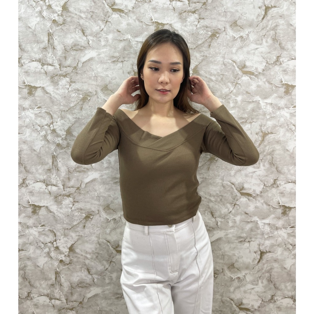 Jual CAVALU Korean Knit Crop Top Sabrina Top Lengan Panjang Longsleeve ...