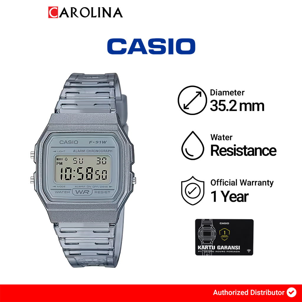 Jam Tangan Pria Casio General F-91WS-8D Digital Dial Light Black Clear  Resin Band