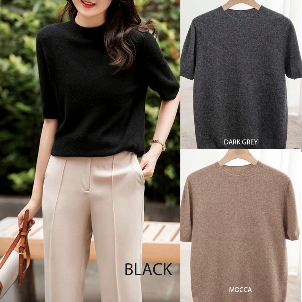 Jual (B102) Round neck basic knit top | Shopee Indonesia