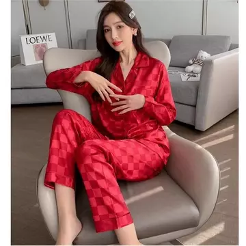 Baju Tidur Piyama Satin Premium Wanita Lengan Panjang Kotak Polos Korean Style