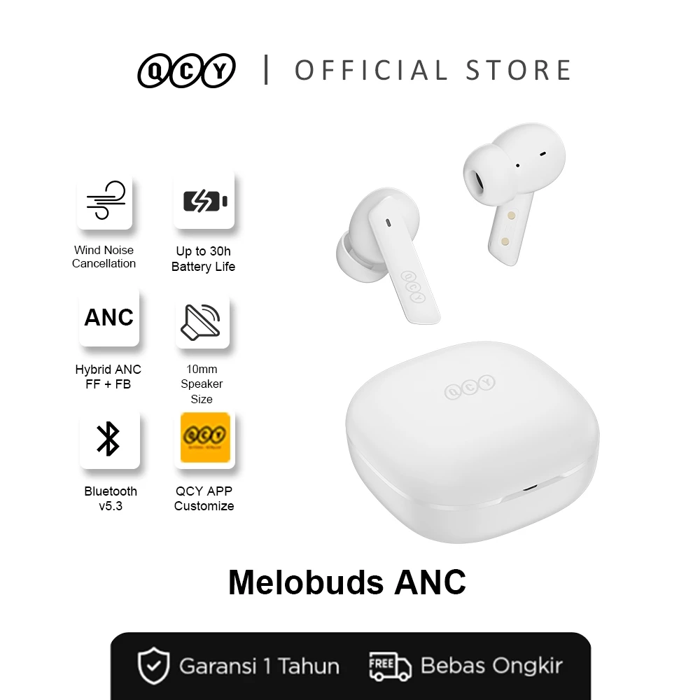 QCY HT05 MeloBuds ANC | TWS Earbuds White | Hybrid Noise Cancelling 40dB | ENC Mic | Bluetooth 5.2 | 30 Jam Playtime