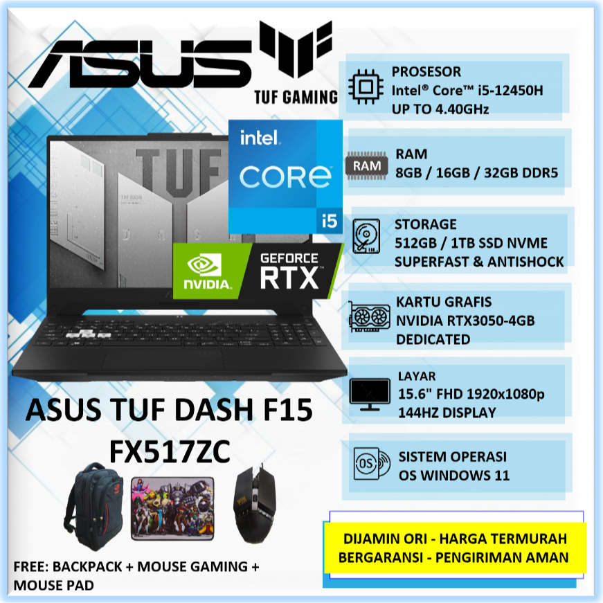 Jual Laptop Gaming Asus TUF Dash F15 FX517ZC Intel i5 12450H 32GB