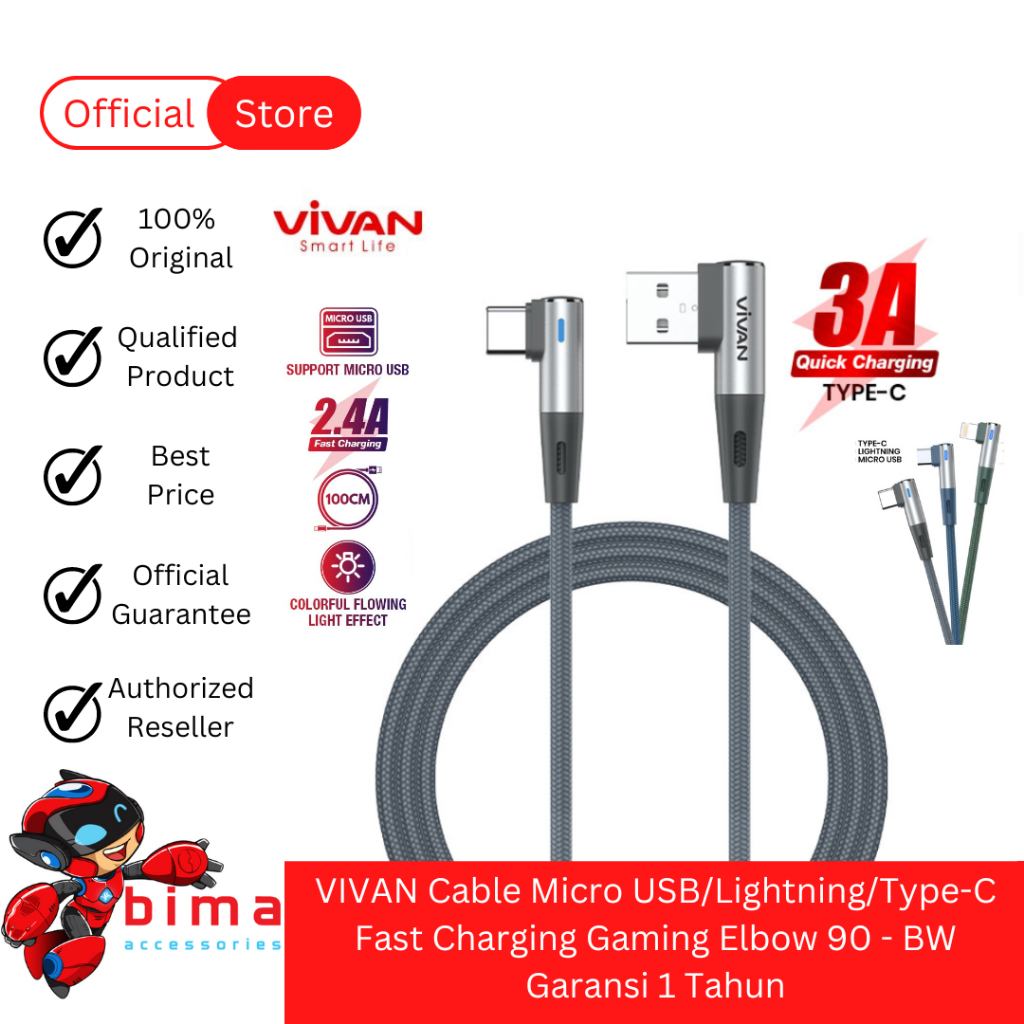 Jual Vivan Kabel Data Charging Gaming Type C Lightning Micro Usb Fast Charging Elbow Degree