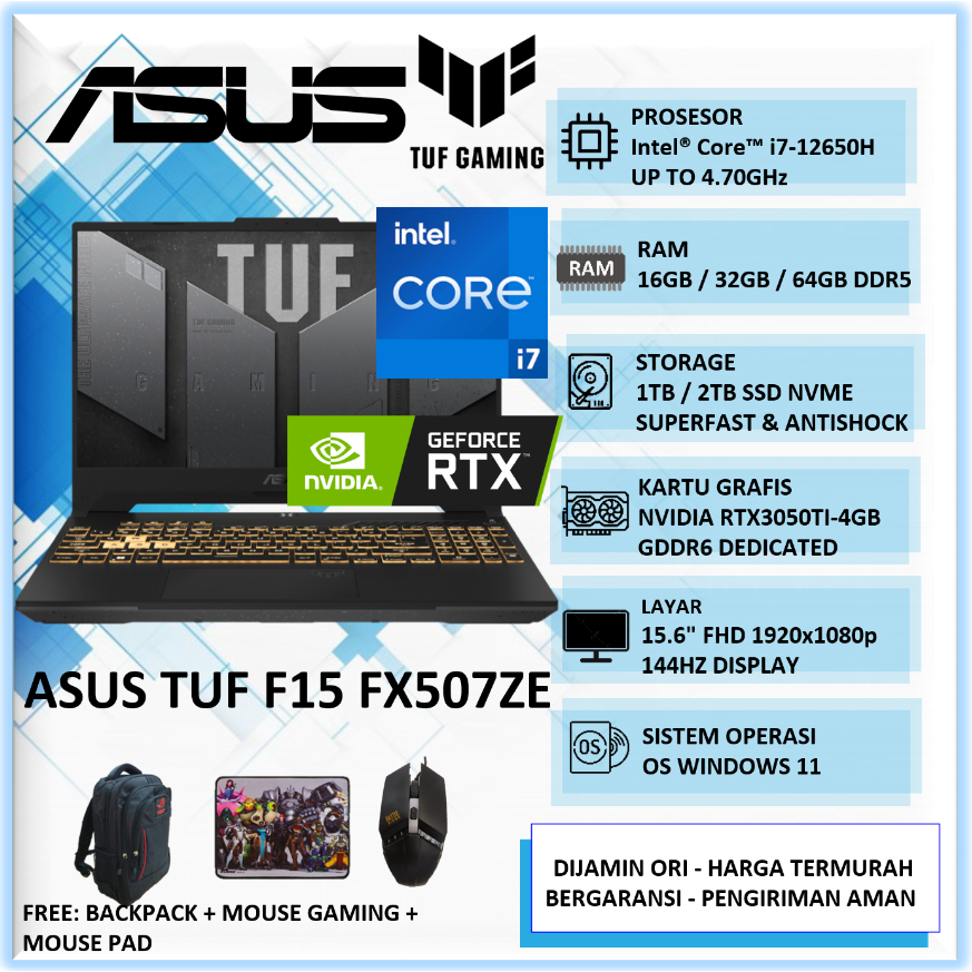 Jual Laptop Gaming Asus TUF Dash F15 FX517ZE Intel i7 12650H 64GB
