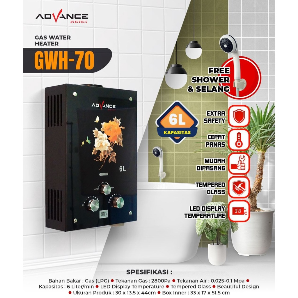Water Heater Gas Advance GWH 10 20 30 50 60 70 6L Pemanas Air  Digital Gas Dan Otomatis
