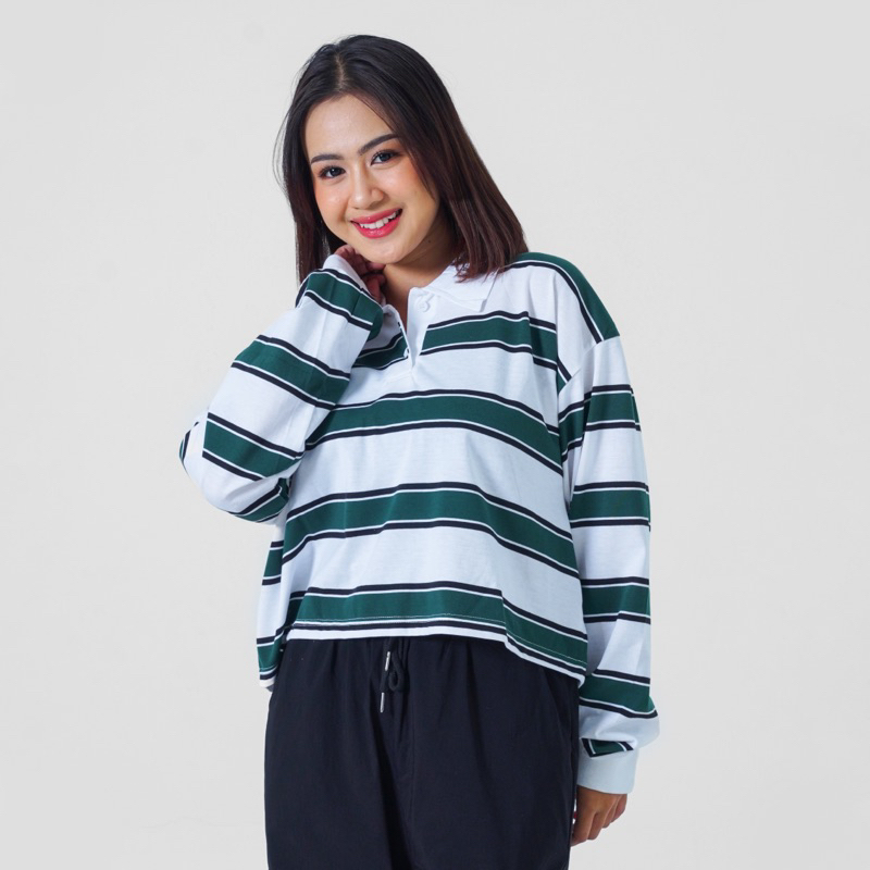 Jual Stiego Rugby Oversize Crop Shirt Stripe Kaos Kerah Wanita Lengan Panjang Salur Stripe