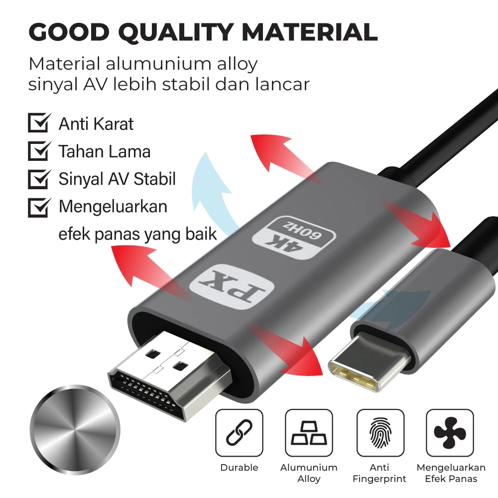 USB Type C 3.1 to HDMI Converter Kabel MHL HP ke TV 4K 1.8M PX MHA-4K60