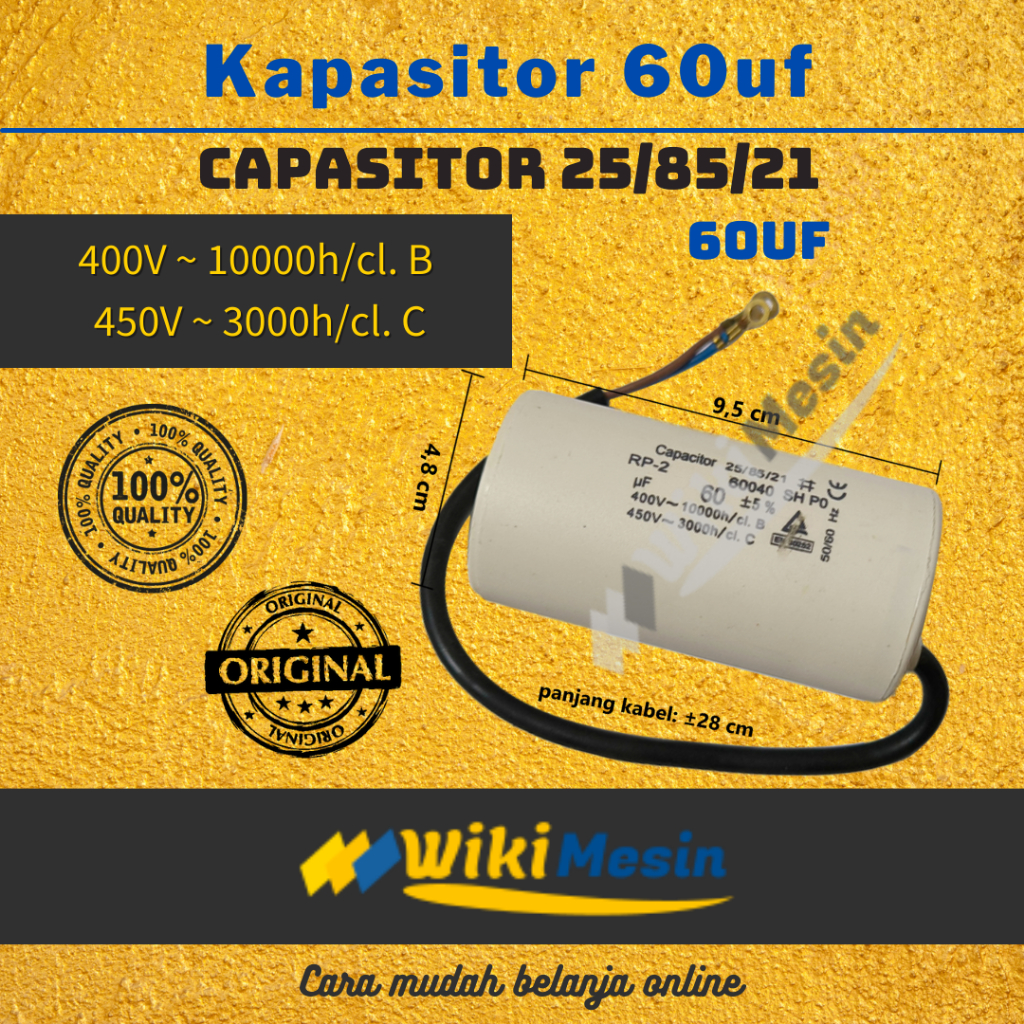 Jual Kapasitor Pompa Air 60uf 450v 400v capasitor running 450vac 400vac ...