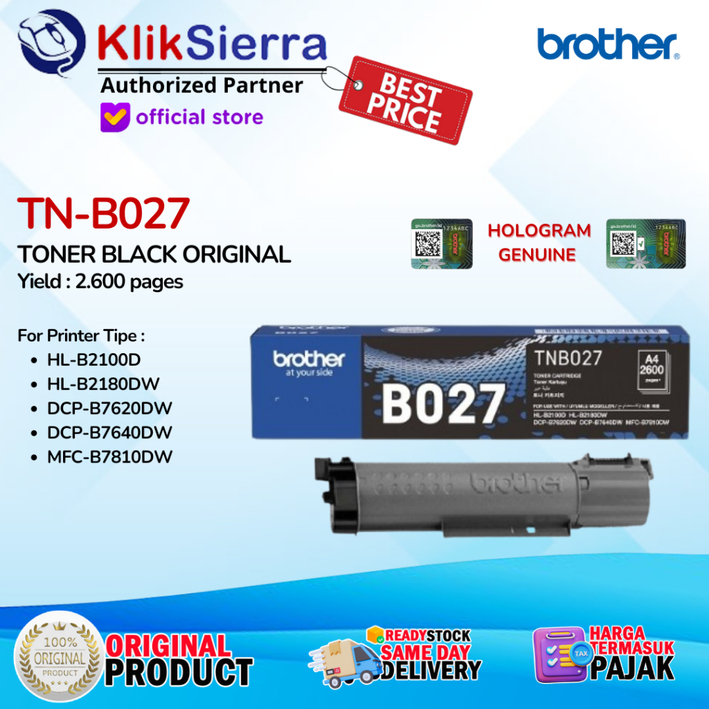Jual BROTHER TN-B027 Toner Black ORIGINAL Printer HL-B2180DW / DCP ...