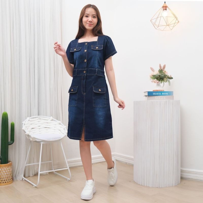 Dress Jeans Strech Wanita Pendek Cantik Kancing Aktif V-18