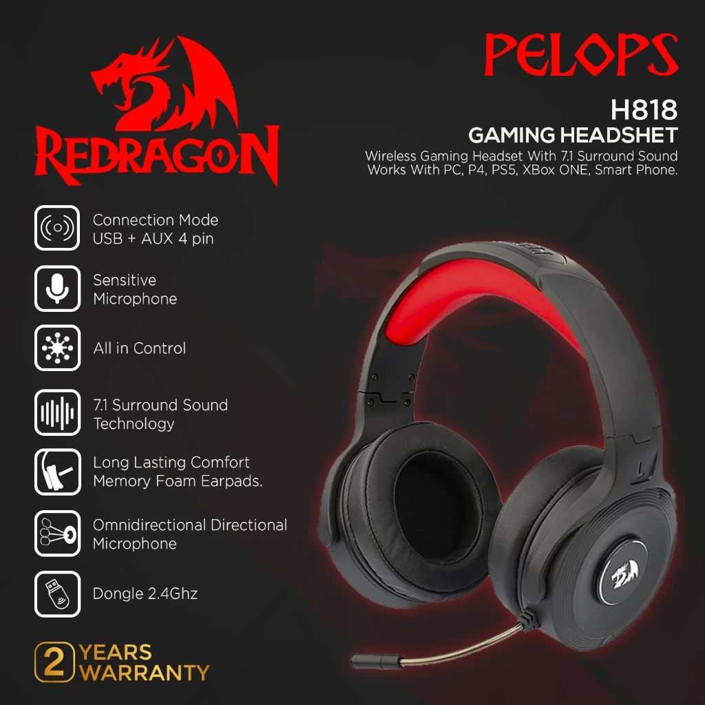 Redragon Wireless Headset 7.1 Surround 2.4 GHz PELOPS - H818