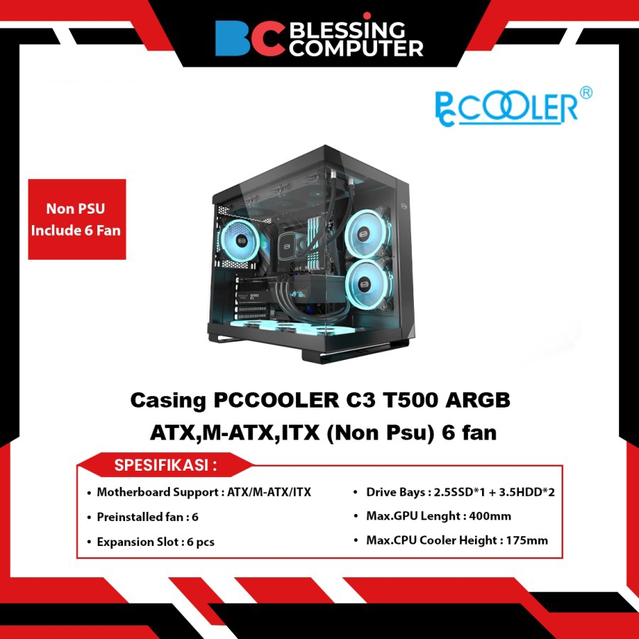 Jual Casing PCCOOLER C3 T500 ARGB ATX,M-ATX,ITX Non Psu 6 fan - Black ...
