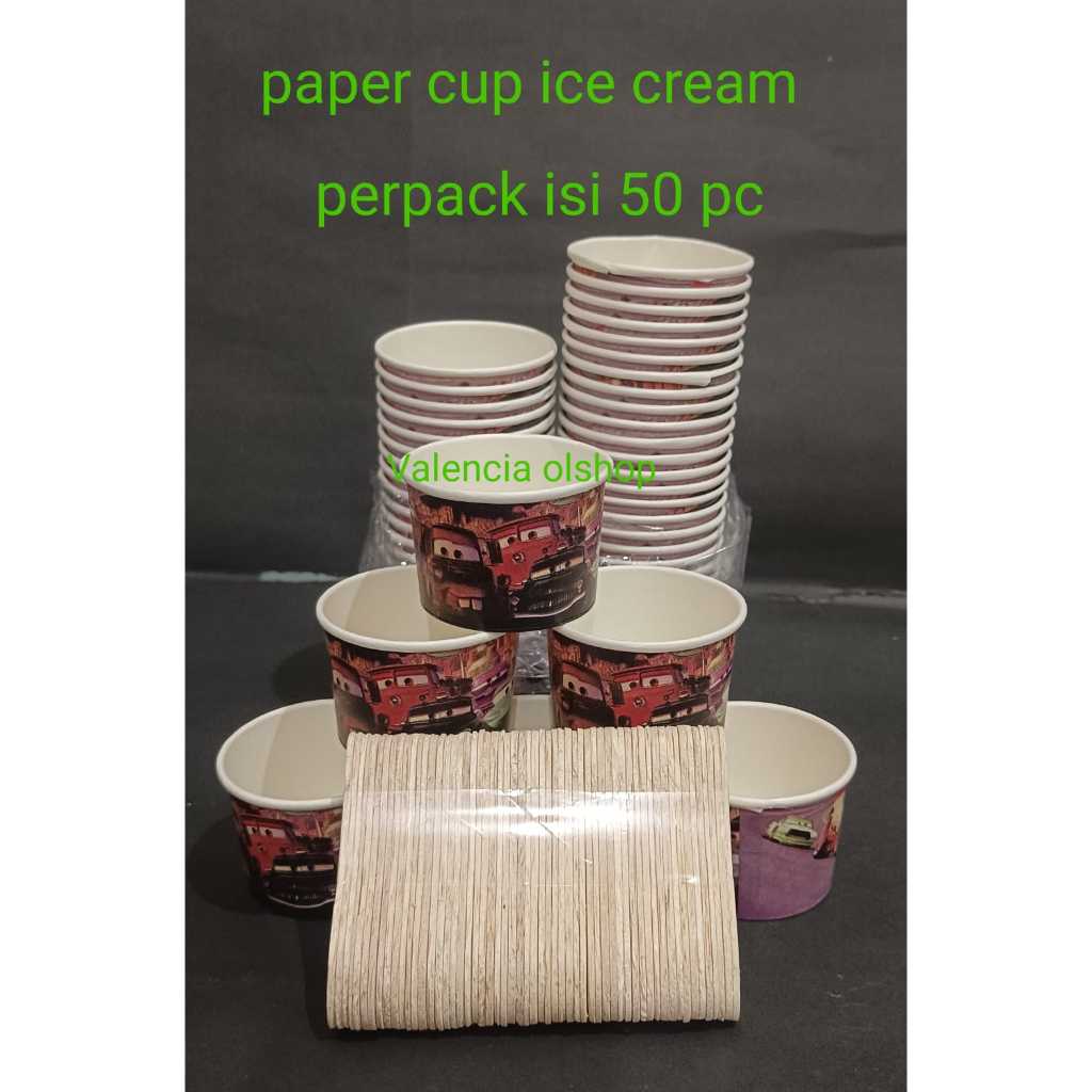 Jual Paper Cup Ice Cream 50ml Isi 50pcs + sendok kayu Gelas Es Krim ...