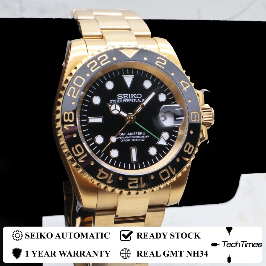 Jual Seiko Mod NH34 GMT Yellow Gold Seikomod | Shopee Indonesia