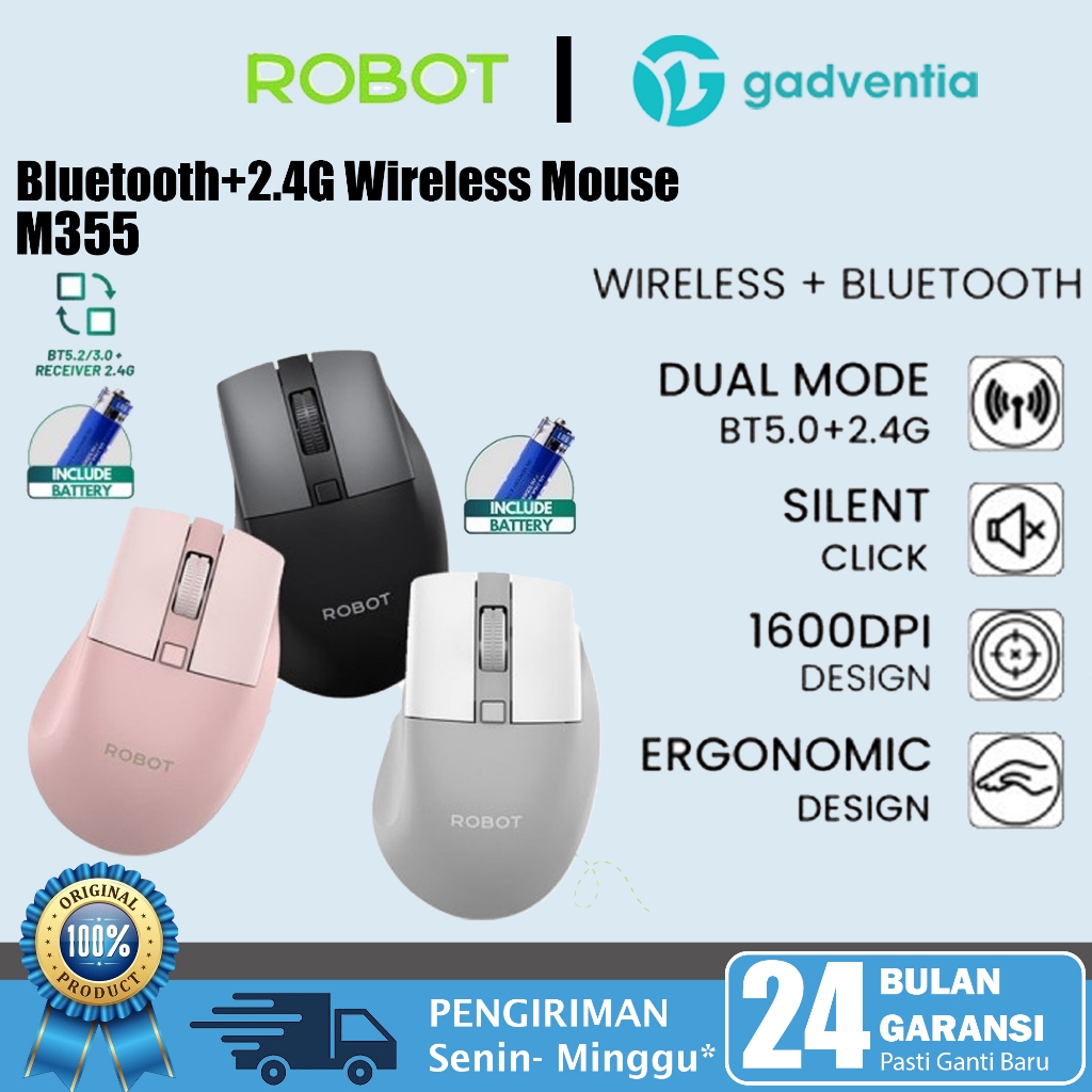 Jual Robot M355 Mouse Silent Click 1600DPI Dual Mode Bluetooth 5.0 ...