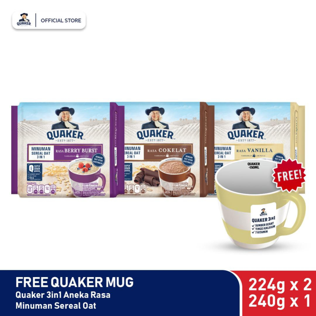 Jual Quaker 3in1 Minuman Sereal Oat Paket 3 Rasa Free Exclusive Mug ...