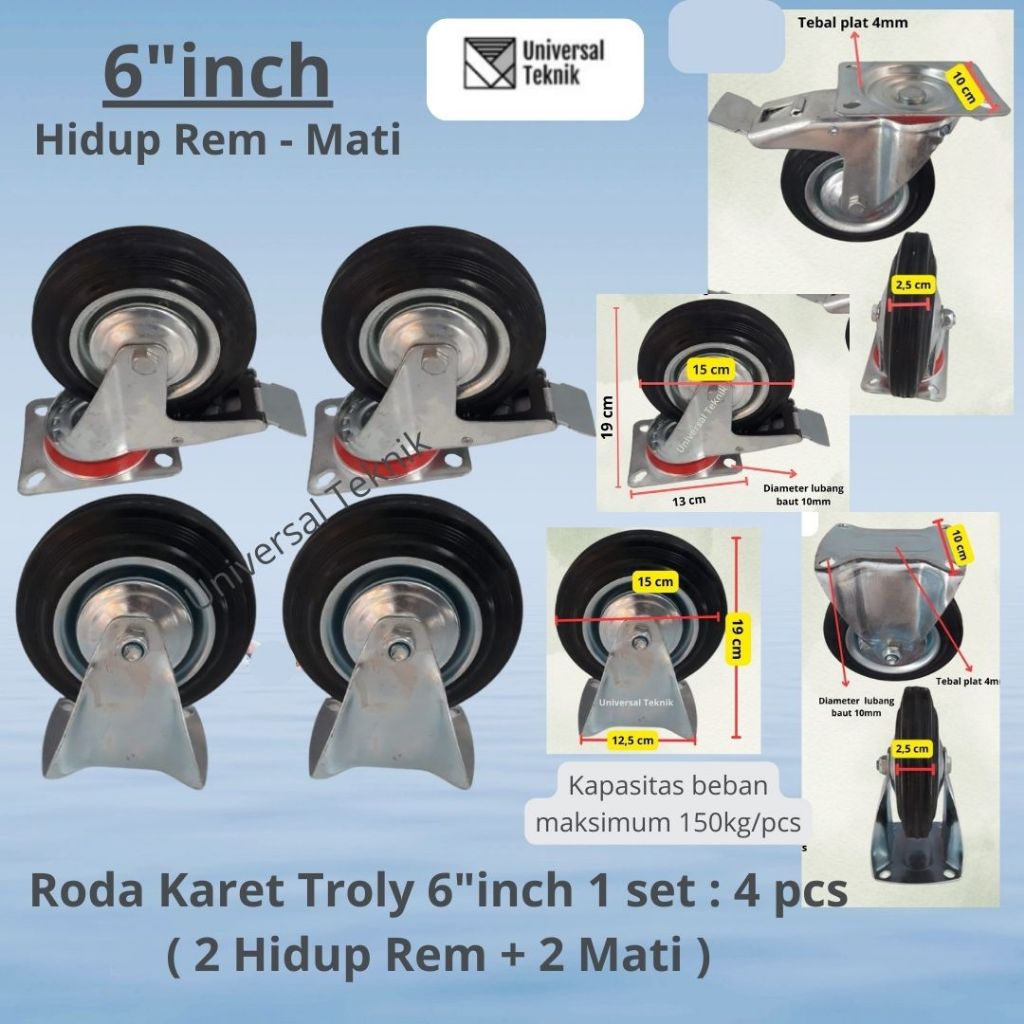 Jual Roda Karet Troly Troli 6 inch 1 set : 4 pcs ( 2 pcs HR + 2 pcs M ...