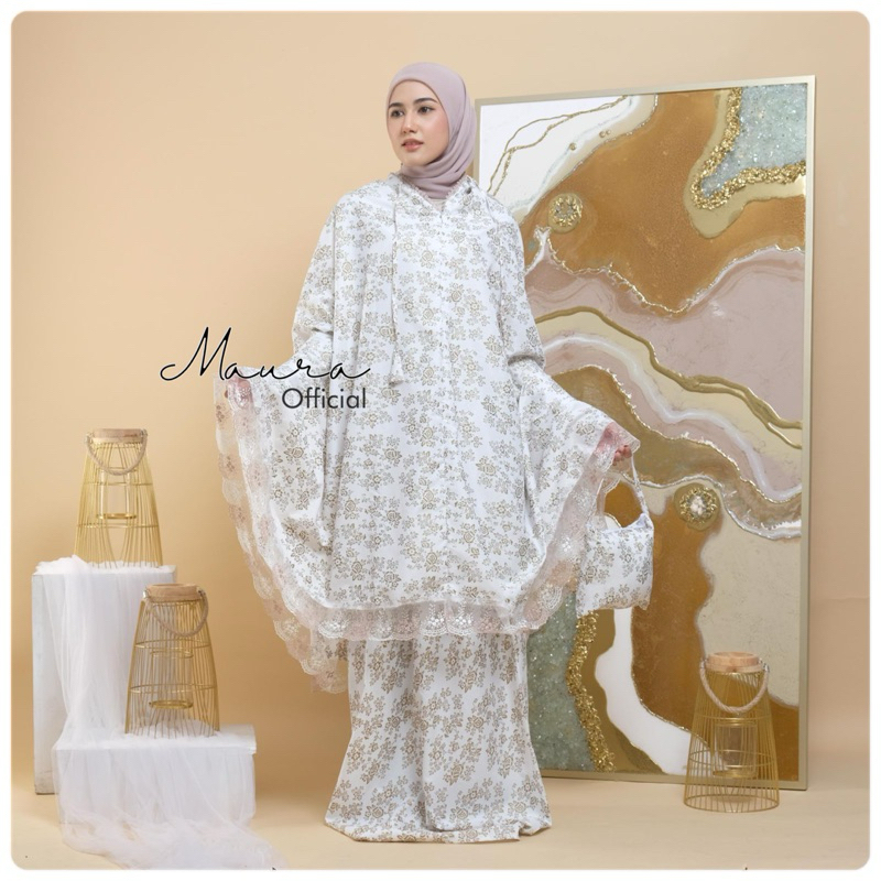 MAURA - Mukena Dewasa Jumbo dan Terusan Renda Mewah Katun Bunga Foil Premium 2 in 1