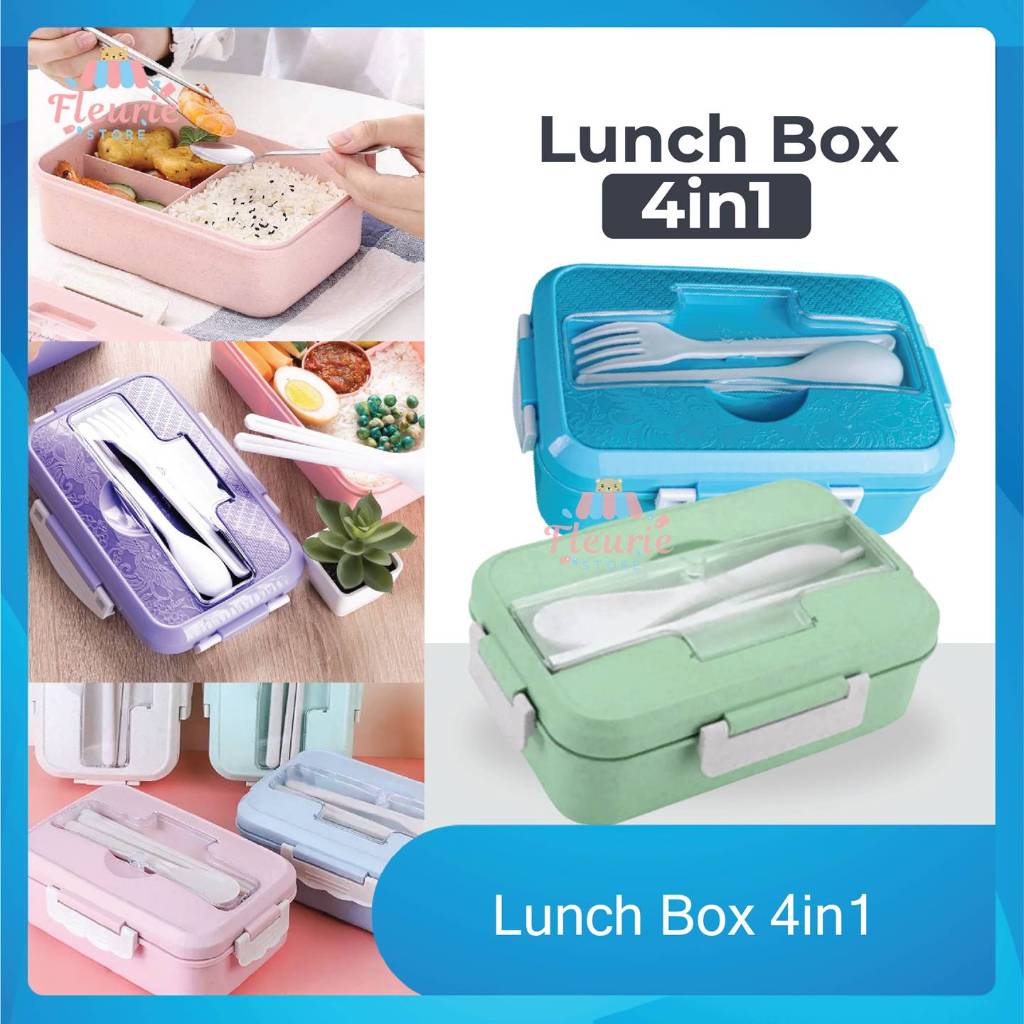 Jual Lunch Box 4in1 1000ml + Sendok dan Sumpit(Tepak Makan Wadah Bekal