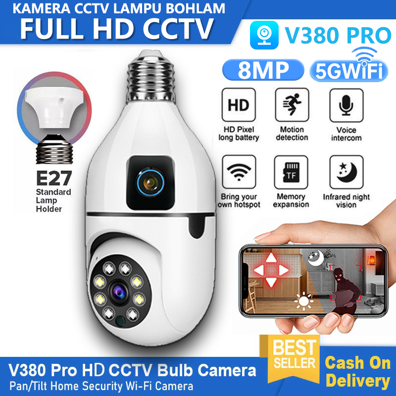 V380 Pro CCTV Kamera Lampu wifi handphone 8MP HD CCTV Dual Lens Bulb Camera  360 PTZ IP