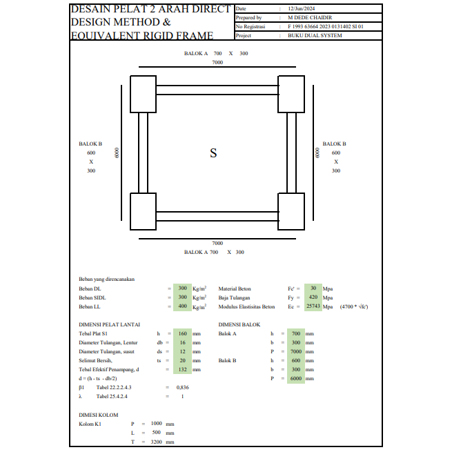 Jual FILE EXCEL DESAIN PELAT LANTAI 2 ARAH SNI2847-2019 DENGAN METODE