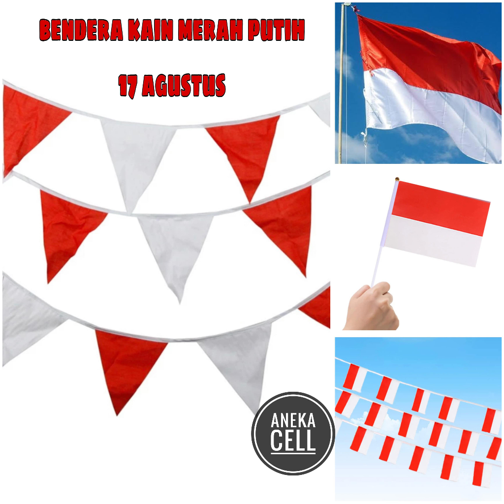 Bendera Merah Putih Indonesia Festival 17 Agustus Renteng Kain Nilon Dirgahayu Kemerderkaan HUT RI / Bendera Tangan Kain Taslan Stik LED Pawai Berkibar Flag Segitiga Segi 4 Ukuran 6meter