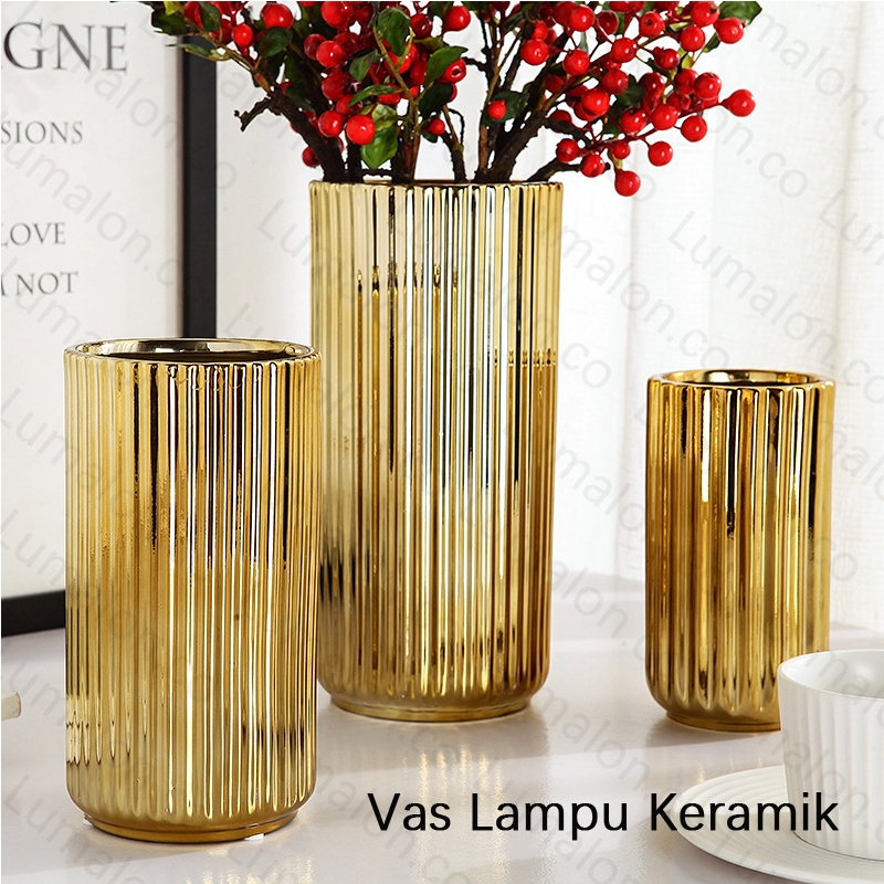 Jual keramik rangkaian bunga vas mewah berlapis emas bergaris-garis ...